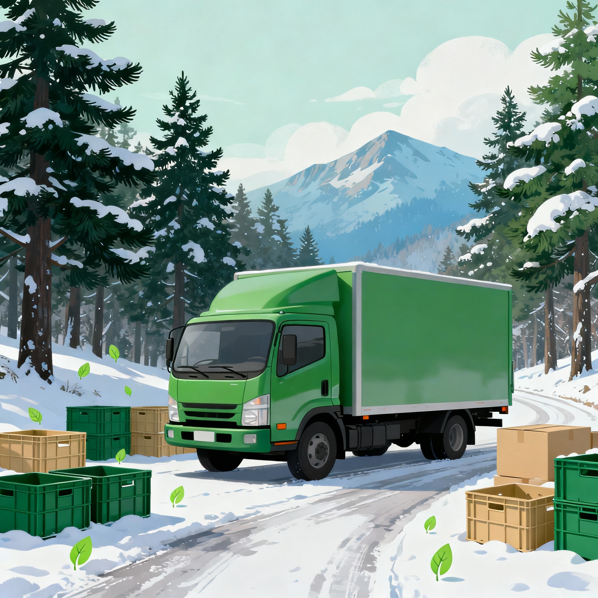 Hybrid moving truck on Alaskan road with evergreen trees